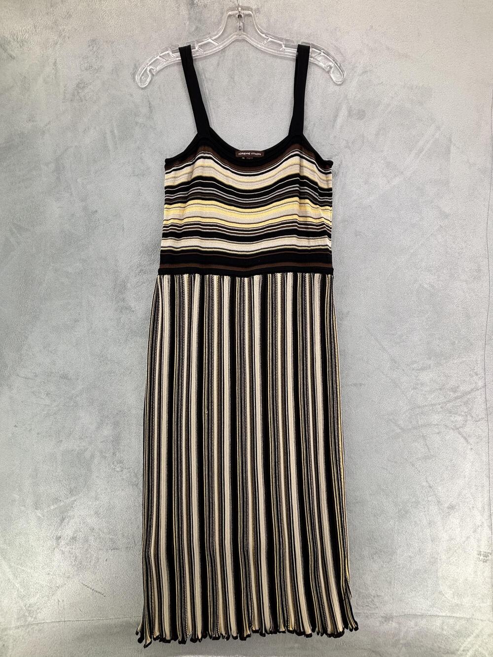 Adrienne Vittadini Sweater Dress Womens L Black Stripe Pleated Knit Tank Midi